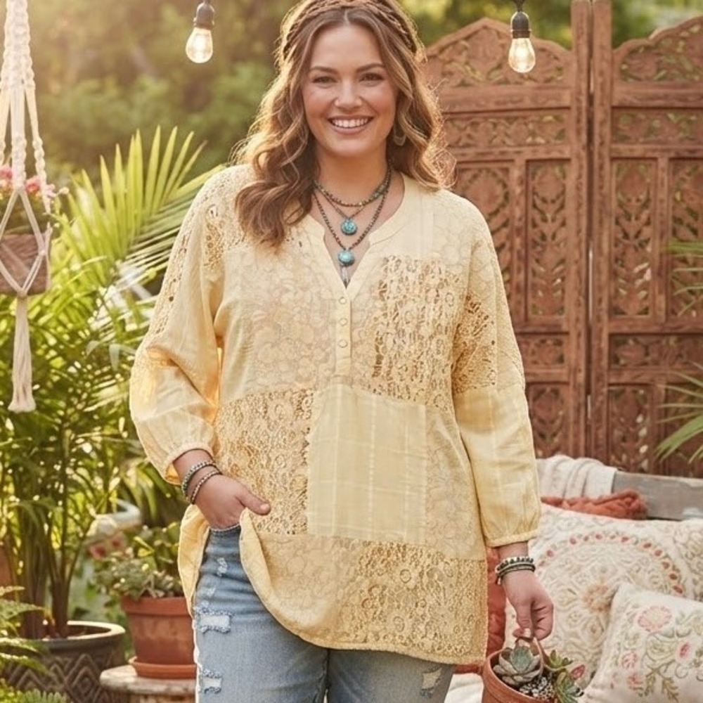 Coldwater Creek Yellow Patchwork Lace Tunic Cotton Boho Henley Blouse Large